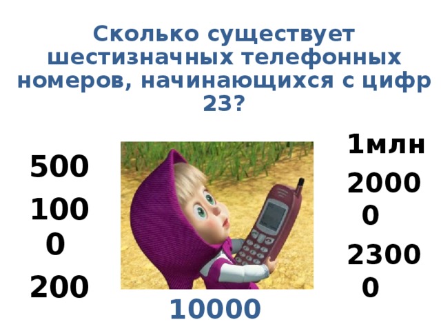 Сколько существует шестизначных телефонных номеров, начинающихся с цифр 23? 1млн 20000 23000 500 1000 200 10000