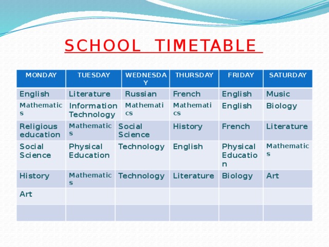 SCHOOL TIMETABLE   MONDAY TUESDAY English Literature Mathematics WEDNESDAY Information Technology Religious education Social Science Russian THURSDAY Mathematics FRIDAY Mathematics Physical Education Social Science History French Mathematics Technology Art Mathematics SATURDAY English English History Music Technology Biology English French Physical Education Literature Literature Mathematics Biology Art