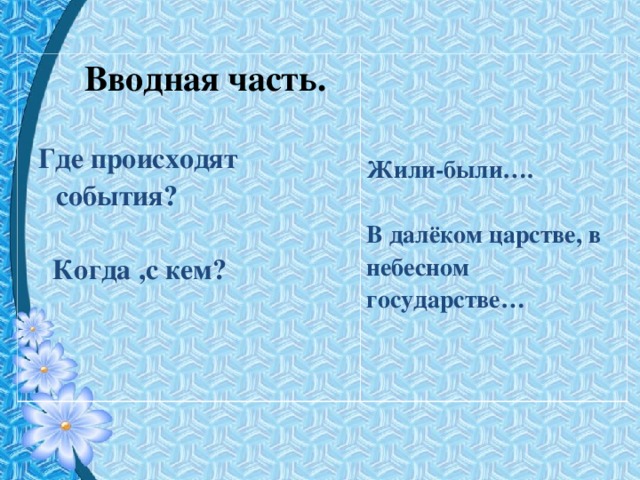 Вводная часть.   Где происходят события ?    Когда ,с кем ?    Жили-были….  В далёком царстве, в небесном государстве…