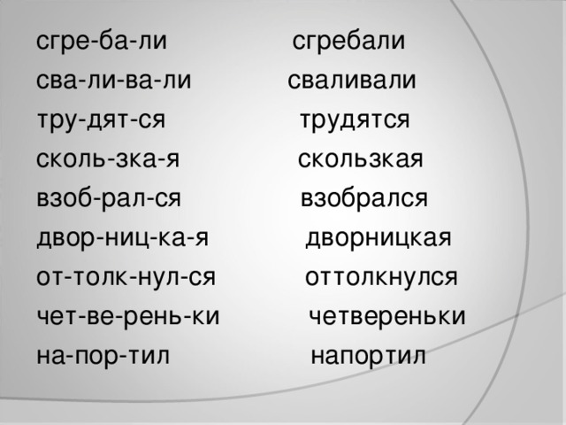 сгре-ба-ли сгребали сва-ли-ва-ли сваливали тру-дят-ся трудятся сколь-зка-я скользкая взоб-рал-ся взобрался двор-ниц-ка-я дворницкая от-толк-нул-ся оттолкнулся чет-ве-рень-ки четвереньки на-пор-тил напортил