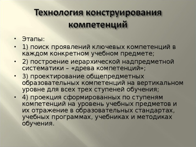 Этапы: 1) поиск проявлений ключевых компетенций в каждом конкретном учебном предмете; 2) построение иерархической надпредметной систематики – «древа компетенций»; 3) проектирование общепредметных образовательных компетенций на вертикальном уровне для всех трех ступеней обучения; 4) проекция сформированных по ступеням компетенций на уровень учебных предметов и их отражение в образовательных стандартах, учебных программах, учебниках и методиках обучения.