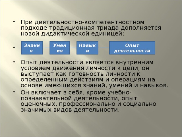 При деятельностно-компетентностном подходе традиционная триада дополняется новой дидактической единицей:     Опыт деятельности является внутренним условием движения личности к цели, он выступает как готовность личности к определенным действиям и операциям на основе имеющихся знаний, умений и навыков. Он включает в себя, кроме учебно-познавательной деятельности, опыт оценочных, профессионально и социально значимых видов деятельности.