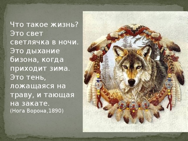 Что такое жизнь? Это свет светлячка в ночи. Это дыхание бизона, когда приходит зима. Это тень, ложащаяся на траву, и тающая на закате.  (Нога Ворона,1890)