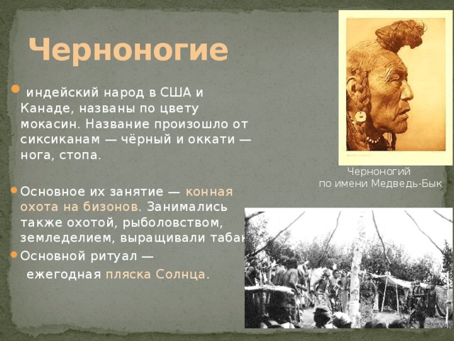 Черноногие  индейский народ в США и Канаде, названы по цвету мокасин. Название произошло от сиксиканам — чёрный и оккати — нога, стопа. Основное их занятие — конная охота на бизонов . Занимались также охотой, рыболовством, земледелием, выращивали табак. Основной ритуал —  ежегодная пляска Солнца . Черноногий по имени Медведь-Бык