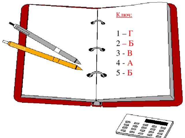 Ключ: 1 – Г 2 – Б 3 - В 4 - А 5 - Б