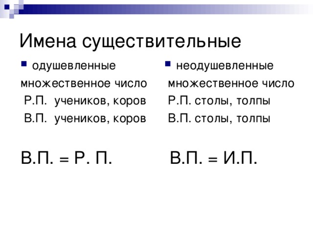 одушевленные множественное число  Р.П. учеников, коров  В.П. учеников, коров В.П. = Р. П. неодушевленные