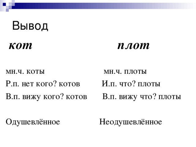 кот плот мн.ч. коты мн.ч. плоты Р.п. нет кого? котов И.п. что? плоты В.п. вижу кого? котов В.п. вижу что? плоты Одушевлённое Неодушевлённое