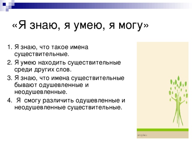 1. Я знаю, что такое имена существительные. 2.  Я умею находить существительные среди других слов. 3.  Я знаю, что имена существительные бывают одушевленные и неодушевленные. 4.  Я смогу различить одушевленные и неодушевленные существительные.