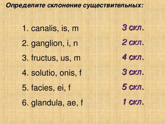 Определите склонение существительных:    1. canalis, is, m    2. ganglion, i, n    3. fructus, us, m   4. solutio, onis, f   5. facies, ei, f    6. glandula, ae, f   3 скл . 2 скл . 4 скл . 3 скл . 5 скл . 1 скл .