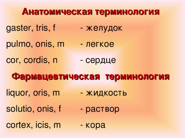 Анатомическая терминология gaster, tris, f   - желудок pulmo, onis, m  - легкое cor, cordis, n   - сердце Фармацевтическая  терминология liquor, oris, m  - жидкость solutio, onis,  f  - раствор cortex, icis, m   - кора