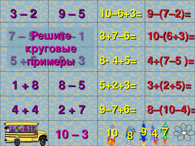 9–(7–2)= 3 – 2 10–6+3= 9 – 5 4 10-(6+3)= 6 – 1 7 – 5 3+7–6= Решите круговые примеры 1 4+(7–5 )= 5 + 5 8- 4+5= 9 – 3 6 3+(2+5)= 8 – 5 5+2+3= 1 + 8 10 8–(10–4)= 2 + 7 4 + 4 9–7+6= 2 10 – 3 9 7 10 4 8