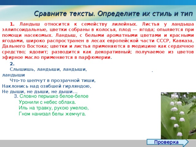 Сравните тексты. Определите их стиль и тип 1 . Ландыш относится к семейству лилейных. Листья у ландыша эллипсоидальные, цветки собраны в колосья, плод — ягода; опыляется при помощи насекомых. Ландыш, с белыми ароматными цветами и красными ягодами, широко распространен в лесах европейской части СССР, Кавказа, Дальнего Востока; цветки и листья применяются в медицине как сердечное средство; ядовит; разводится как декоративный; получаемое из цветов эфирное масло применяется в парфюмерии . 2 .  Слышишь, ландыши, ландыши, ландыши Что-то шепчут в прозрачной тиши,  Наклонись над озябшей гирляндою,  Не дыши, не дыши, не дыши… . 3. Словно перышко белое-белое   Уронили с небес облака.   Иль на травку, рукою умелою,   Гном нанизал белы жемчуга.  Проверка