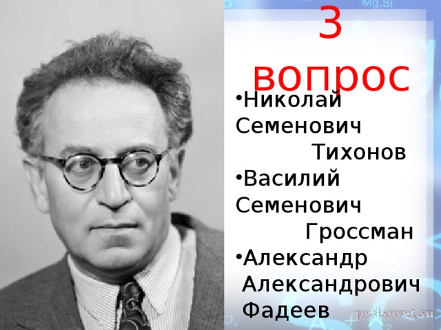3 вопрос Николай Семенович  Тихонов Василий Семенович  Гроссман Александр  Александрович  Фадеев
