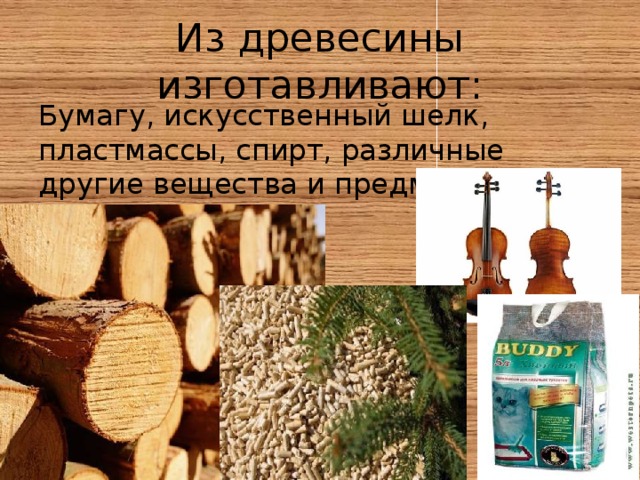 Из древесины изготавливают: Бумагу, искусственный шелк, пластмассы, спирт, различные другие вещества и предметы.