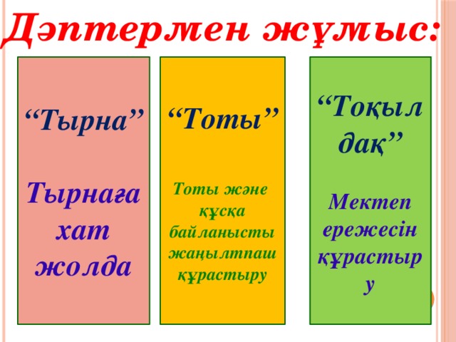 Дәптермен жұмыс: “ Тырна” “ Тоты” “ Тоқылдақ”    Тырнаға хат жолда  Мектеп ережесін құрастыру Тоты және құсқа байланысты жаңылтпаш құрастыру