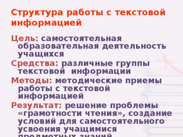 Структура работы с текстовой информацией Цель: самостоятельная образовательная деятельность учащихся Средства: различные группы текстовой информации Методы: методические приемы работы с текстовой информацией Результат: решение проблемы «грамотности чтения», создание условий для самостоятельного усвоения учащимися предметных знаний, саморазвития учащихся.