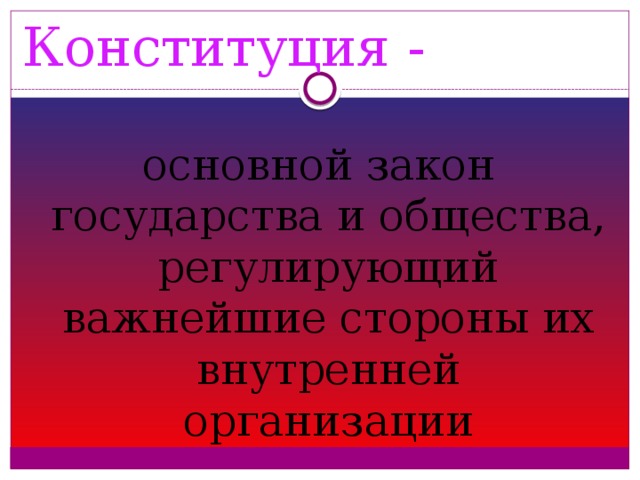 Конституция - основной закон государства и общества, регулирующий важнейшие стороны их внутренней организации