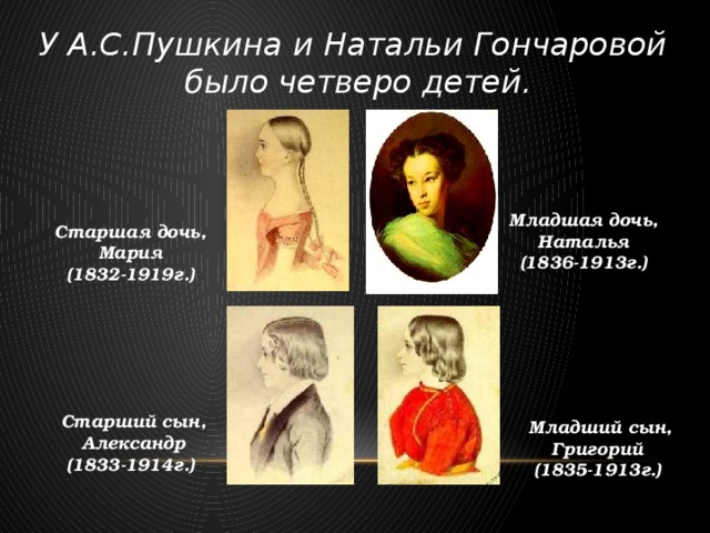 У А.С.Пушкина и Натальи Гончаровой  было четверо детей. Младшая дочь, Наталья (1836-1913г.) Старшая дочь, Мария (1832-1919г.) Старший сын, Александр (1833-1914г.) Младший сын, Григорий (1835-1913г.)