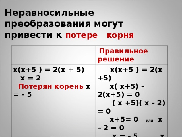 Неравносильные преобразования могут привести к потере корня        Правильное решение х(х+5 ) = 2(х + 5)  х = 2  Потерян корень х = - 5  х(х+5 ) = 2(х +5)  х( х+5) – 2(х+5) = 0  ( х +5)( х - 2) = 0  х+5= 0 или х – 2 = 0  х = - 5 х = 2  Ответ: -5; 2