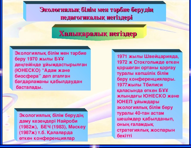 Экологиялық білім мен тәрбие берудің педагогикалық негіздері Халықаралық негіздер Экологиялық білім мен тәрбие беру 1970 жылы БҰҰ деңгейінде ұйымдастырылған (ЮНЕСКО) “Адам және биосфера” деп аталған бағдарламаны қабылдаудан  басталады. 1971 жылы Швейцарияда, 1972 ж Стокгольмде өткен қоршаған ортаны қорғау туралы көпшілік білім беру конференциялары. 1977жылы Тбилиси қаласында өткен БҰҰ жлындағы ЮНЕСКО және ЮНЕП ұйымдары экологиялық білім беру туралы 40-тан астам шешімдер қабылданып, оның ғаламдық стратегиялық жоспарын бекітті Экологиялық білім берудің даму кезеңдері Найроби (1982ж), БЕЧ (1983), Мәскеу (1987ж) т.б. Қалаларда өткен конференциялар