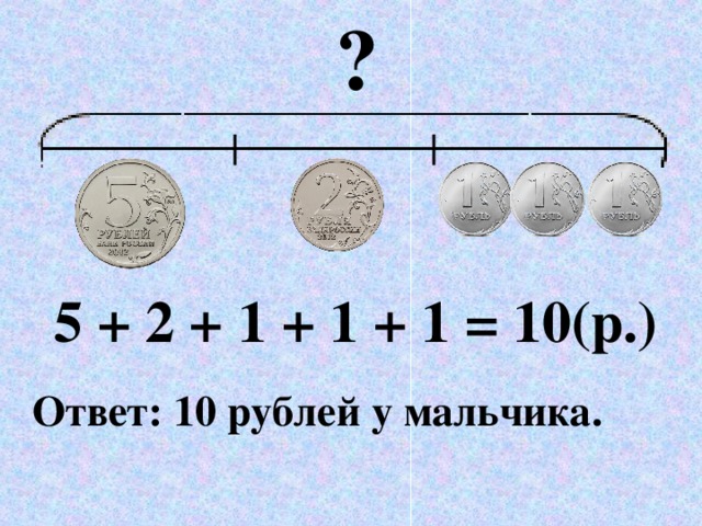 ? 5 + 2 + 1 + 1 + 1 = 10(р.) Ответ: 10 рублей у мальчика.