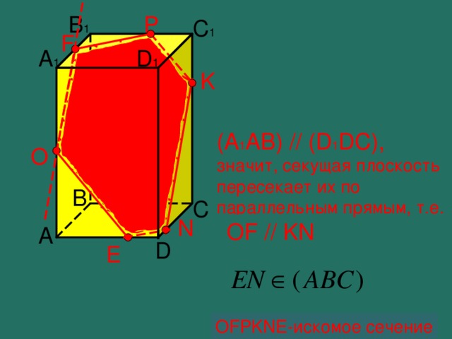 P B 1 C 1 F D 1 A 1 K (A 1 AB) // (D 1 DC) , значит , секущая плоскость пересекает их по параллельным прямым, т.е. O B C N OF // KN Построение сечения- шестиугольника A D E OFPKNE- искомое сечение