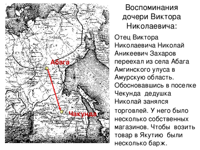 Воспоминания дочери Виктора Николаевича: Отец Виктора Николаевича Николай Аникеевич Захаров переехал из села Абага Амгинского улуса в Амурскую область. Обосновавшись в поселке Чекунда дедушка Николай занялся торговлей.  У него было несколько собственных магазинов. Чтобы возить товар в Якутию были несколько барж.  Абага Чакунда