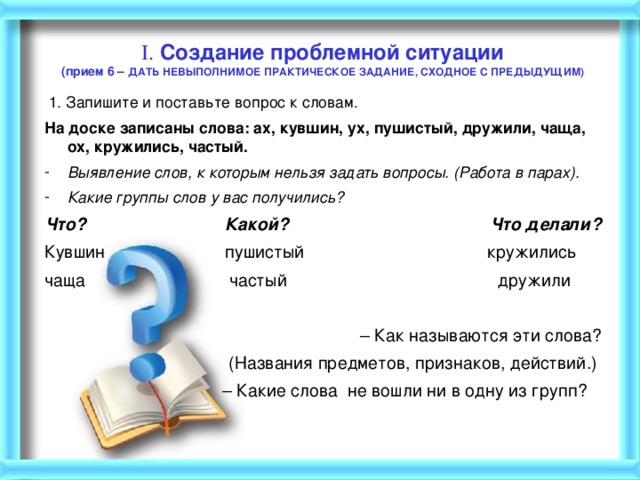 I. Создание проблемной ситуации  (прием 6 – ДАТЬ НЕВЫПОЛНИМОЕ ПРАКТИЧЕСКОЕ ЗАДАНИЕ, СХОДНОЕ С ПРЕДЫДУЩИМ)      1.  Запишите и поставьте вопрос к словам. На доске записаны слова: ах, кувшин, ух, пушистый, дружили, чаща, ох, кружились, частый. Выявление слов, к которым нельзя задать вопросы. (Работа в парах). Какие группы слов у вас получились? Что? Какой? Что делали? Кувшин пушистый кружились чаща частый дружили – Как называются эти слова?  (Названия предметов, признаков, действий.) – Какие слова не вошли ни в одну из групп?  