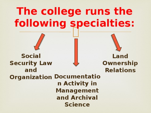 The college runs the following specialties: Social Security Law and Organization Land Ownership Relations Documentation Activity in Management and Archival Science