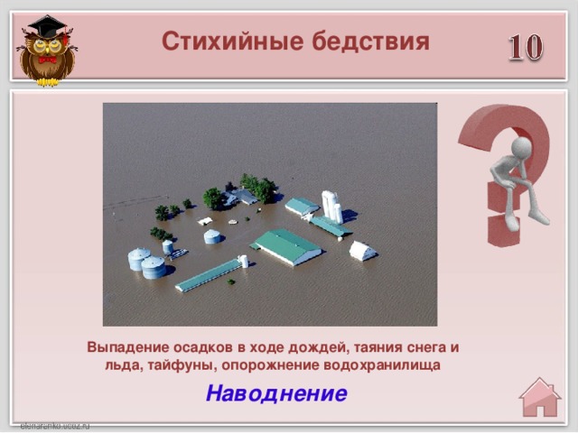 Стихийные бедствия Выпадение осадков в ходе дождей, таяния снега и льда, тайфуны, опорожнение водохранилища Наводнение