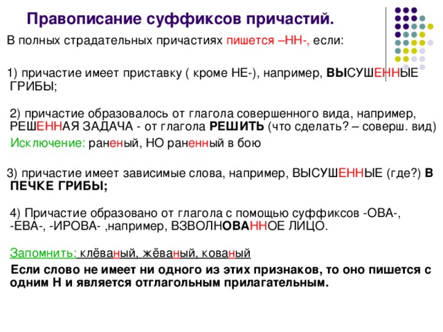 Правописание суффиксов причастий.  В полных страдательных причастиях пишется –НН-, если:  1) причастие имеет приставку ( кроме НЕ-), например, ВЫ СУШ ЕНН ЫЕ ГРИБЫ;   2) причастие образовалось от глагола совершенного вида, например, РЕШ ЕНН АЯ ЗАДАЧА - от глагола РЕШИТЬ (что сделать? – соверш. вид)  Исключение: ран ен ый, НО ран енн ый в бою    3) причастие имеет зависимые слова, например, ВЫСУШ ЕНН ЫЕ (где?) В ПЕЧКЕ ГРИБЫ;   4) Причастие образовано от глагола с помощью суффиксов -ОВА-, -ЕВА-, -ИРОВА- ,например, ВЗВОЛН ОВА НН ОЕ ЛИЦО.   Запомнить: клёва н ый, жёва н ый, кова н ый  Если слово не имеет ни одного из этих признаков, то оно пишется с одним Н и является отглагольным прилагательным.