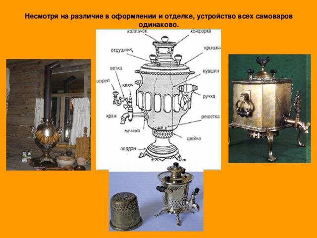 Несмотря на различие в оформлении и отделке, устройство всех самоваров одинаково.