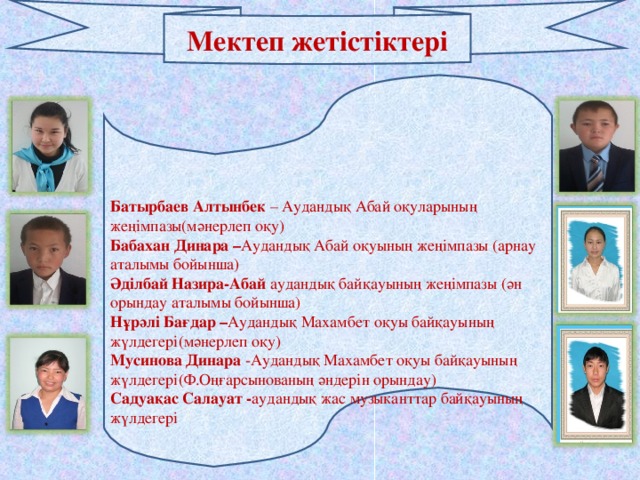 Мектеп жетістіктері   Батырбаев Алтынбек – Аудандық Абай оқуларының жеңімпазы(мәнерлеп оқу) Бабахан Динара – Аудандық Абай оқуының жеңімпазы (арнау аталымы бойынша) Әділбай Назира-Абай аудандық байқауының жеңімпазы (ән орындау аталымы бойынша) Нұрәлі Бағдар – Аудандық Махамбет оқуы байқауының жүлдегері(мәнерлеп оқу) Мусинова Динара -Аудандық Махамбет оқуы байқауының жүлдегері(Ф.Оңғарсынованың әндерін орындау) Садуақас Салауат - аудандық жас музыканттар байқауының жүлдегері