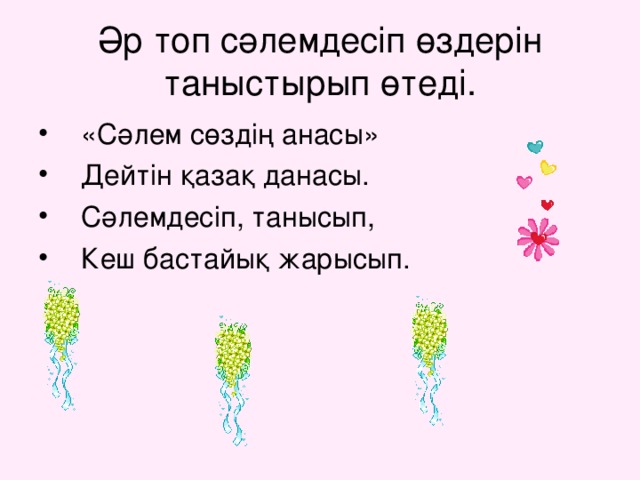 Әр топ сәлемдесіп өздерін таныстырып өтеді.