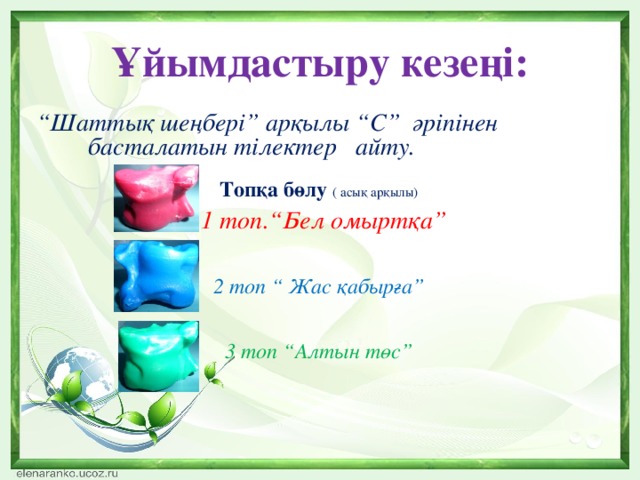 Ұйымдастыру кезеңі: “ Шаттық шеңбері” арқылы “С” әріпінен басталатын тілектер айту.  Топқа бөлу ( асық арқылы)  1 топ.“Бел омыртқа”   2 топ “ Жас қабырға”   3 топ “Алтын төс”