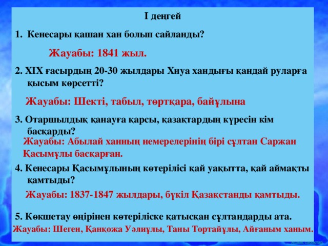 I деңгей Кенесары қашан хан болып сайланды?  2. XIX ғасырдың 20-30 жылдары Хиуа хандығы қандай руларға қысым көрсетті?  3. Отаршылдық қанауға қарсы, қазақтардың күресін кім басқарды?  4. Кенесары Қасымұлының көтерілісі қай уақытта, қай аймақты қамтыды?  5. Көкшетау өңірінен көтеріліске қатысқан сұлтандарды ата.  Жауабы: 1841 жыл. Жауабы: Шекті, табыл, төртқара, байұлына Жауабы: Абылай ханның немерелерінің бірі сұлтан Саржан Қасымұлы басқарған. Жауабы: 1837-1847 жылдары, бүкіл Қазақстанды қамтыды. Жауабы: Шеген, Қанқожа Уәлиұлы, Таны Тортайұлы, Айғаным ханым.