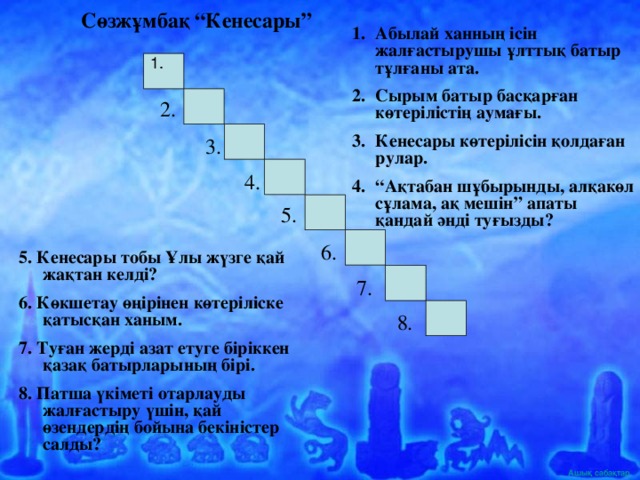 Сөзжұмбақ “Кенесары” Абылай ханның ісін жалғастырушы ұлттық батыр тұлғаны ата. Сырым батыр басқарған көтерілістің аумағы. Кенесары көтерілісін қолдаған рулар. “ Ақтабан шұбырынды, алқакөл сұлама, ақ мешін” апаты қандай әнді туғызды? 1. 2. 3. 4. 5. 6. 5. Кенесары тобы Ұлы жүзге қай жақтан келді? 6. Көкшетау өңірінен көтеріліске қатысқан ханым. 7. Туған жерді азат етуге біріккен қазақ батырларының бірі. 8. Патша үкіметі отарлауды жалғастыру үшін, қай өзендердің бойына бекіністер салды? 7. 8.