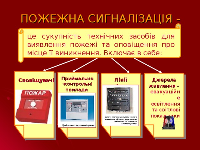 ПОЖЕЖНА СИГНАЛІЗАЦІЯ - це сукупність технічних засобів для виявлення пожежі та оповіщення про місце її виникнення. Включає в себе:  Сповіщувачі  Приймально-контрольні прилади  Лінії зв'язку  Джерела живлення – евакуаційне освітлення та світлові покажчики