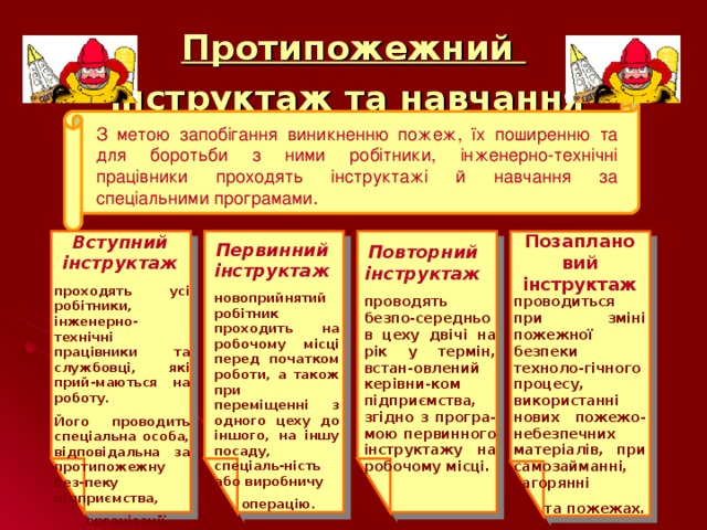 Протипожежний  інструктаж та навчання  З метою запобігання виникненню пожеж, їх поширенню та для боротьби з ними робітники, інженерно-технічні працівники проходять інструктажі й навчання за спеціальними програмами.  Позаплановий інструктаж Вступний інструктаж  Первинний інструктаж  Повторний інструктаж   проходять усі робітники, інженерно-технічні працівники та службовці, які прий-маються на роботу. Його проводить спеціальна особа, відповідальна за протипожежну без-пеку підприємства,  організації.  новоприйнятий робітник проходить на робочому місці перед початком роботи, а також при переміщенні з одного цеху до іншого, на іншу посаду, спеціаль-ність або виробничу  операцію.  проводять безпо-середньо в цеху двічі на рік у термін, встан-овлений керівни-ком підприємства, згідно з програ-мою первинного інструктажу на робочому місці.  проводиться при зміні пожежної безпеки техноло-гічного процесу, використанні нових пожежо-небезпечних матеріалів, при самозайманні, загорянні  та пожежах.