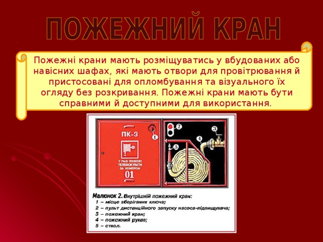 Пожежні крани мають розміщуватись у вбудованих або навісних шафах, які мають отвори для провітрювання й пристосовані для опломбування та візуального їх огляду без розкривання. Пожежні крани мають бути справними й доступними для використання.