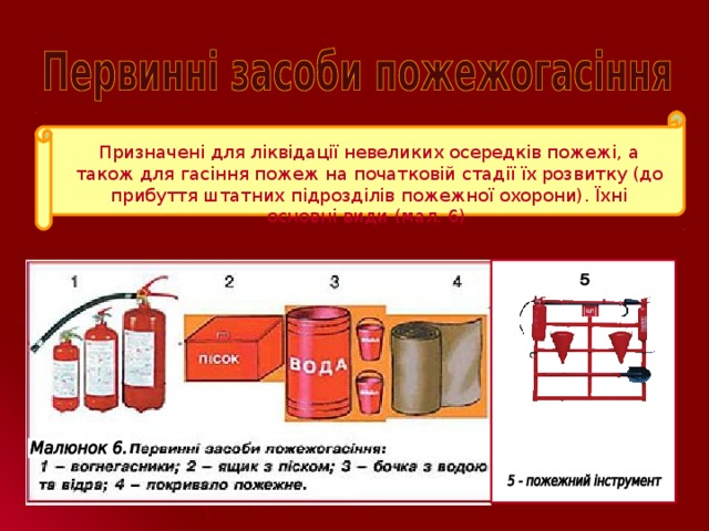 Призначені для ліквідації невеликих осередків пожежі, а також для гасіння пожеж на початковій стадії їх розвитку (до прибуття штатних підрозділів пожежної охорони). Їхні основні види (мал. 6)