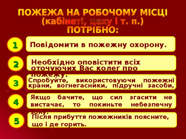 1 Повідомити в пожежну охорону.  2 Необхідно оповістити всіх оточуючих Вас колег про пожежу.  Спробуйте, використовуючи пожежні крани, вогнегасники, підручні засоби, погасити вогонь.  3 Якщо бачите, що сил згасити не вистачає, то покиньте небезпечну зону.  4 Після прибуття пожежників поясните, що і де горить.  5