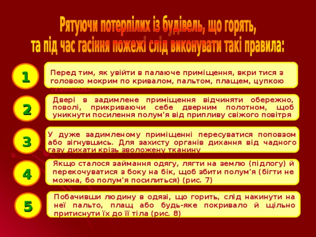 1 Перед тим, як увійти в палаюче приміщення, вкри тися з головою мокрим по кривалом, пальтом, плащем, цупкою тканиною.  Двері в задимлене приміщення відчиняти обережно, поволі, прикриваючи себе дверним полотном, щоб уникнути посилення полум'я від припливу свіжого повітря 2 У дуже задимленому приміщенні пересуватися поповзом або зігнувшись. Для захисту органів дихання від чадного газу дихати крізь зволожену тканину  3 Якщо сталося займання одягу, лягти на землю (підлогу) й перекочуватися з боку на бік, щоб збити полум'я (бігти не можна, бо полум'я посилиться) (рис. 7) 4 Побачивши людину в одязі, що горить, слід накинути на неї пальто, плащ або будь-яке покривало й щільно притиснути їх до її тіла (рис. 8) 5