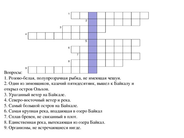                           4                 1                       3                     9           2                       6                       5                   7         8                                                                                                         Вопросы: 1. Розово-белая, полупрозрачная рыбка, не имеющая чешуи. 2. Один из зимовщиков, казачий пятидесятник, вышел к Байкалу и открыл остров Ольхон. 3. Ураганный ветер на Байкале. 4. Северо-восточный ветер и река. 5. Самый большой остров на Байкале. 6. Самая крупная река, впадающая в озеро Байкал 7. Сплав бревен, не связанный в плот. 8. Единственная река, вытекающая из озера Байкал. 9. Организмы, не встречающиеся нигде.