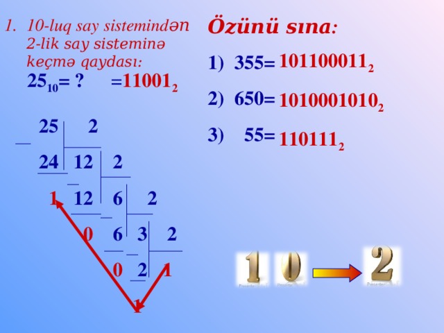 Özünü sına : 10-luq  say sistemind ən 2-lik say sisteminə keçmə qaydası: 1) 355= 2) 650= 3) 55= 101100011 2 1010001010 2 110111 2 25 10 = ? = 11001 2 25 2 24 12 2  1 12 6 2  0 6 3 2  0 2 1  1