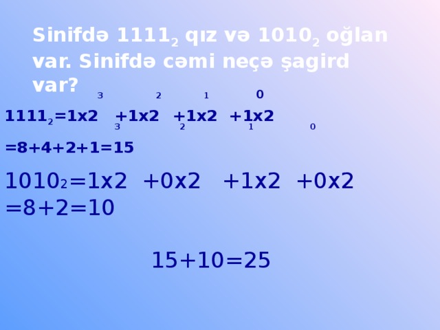 Sinifdə 1111 2 qız və 1010 2 oğlan var. Sinifdə cəmi neçə şagird var ?  0 3 2 1 1111 2 =1x2 +1x2   +1x2  +1x2 =8+4+2+1=15 1010 2 =1x2 +0x2 +1x2 +0x2 =8+2=10  15+10=25 3  2 1  0