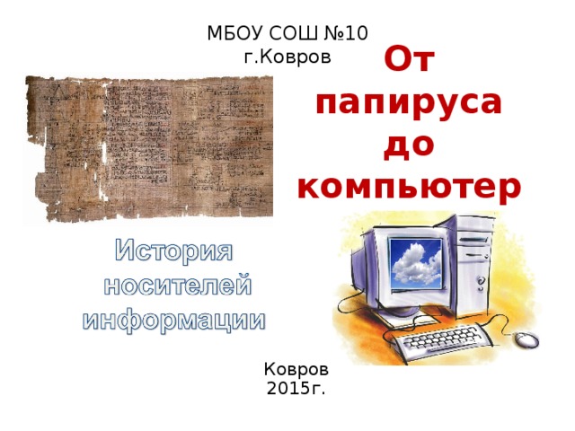 МБОУ СОШ №10 г.Ковров От папируса до компьютера: Ковров 2015г.