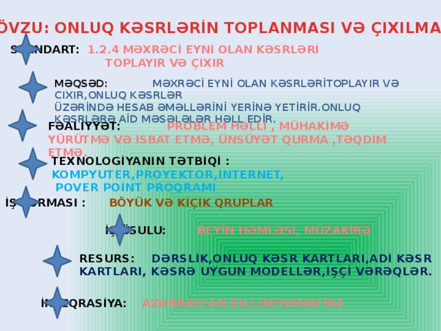 MÖVZU: ONLUQ KƏSRLƏRİN TOPLANMASI VƏ ÇIXILMASI STANDART: 1.2.4 MƏXRƏCİ EYNİ OLAN KƏSRLƏRİ TOPLAYIR VƏ ÇIXIR MƏQSƏD: MƏXRƏCİ EYNİ OLAN KƏSRLƏRİTOPLAYIR VƏ CIXIR,ONLUQ KƏSRLƏR ÜZƏRİNDƏ HESAB ƏMƏLLƏRİNİ YERİNƏ YETİRİR.ONLUQ KƏSRLƏRƏ AİD MƏSƏLƏləR HƏLL EDİR. FƏALİYYƏT: PROBLEM HƏLLİ , MÜHAKİMƏ YÜRÜTMƏ VƏ İSBAT ETMƏ, ÜNSÜYƏT QURMA ,TƏQDİM ETMƏ. TEXNOLOGİYANIN TƏTBİQİ : KOMPYUTER,PROYEKTOR,İNTERNET,  POVER POİNT PROQRAMI İŞ FORMASI : BÖYÜK VƏ KİÇİK QRUPLAR İŞ ÜSULU: BEYİN HƏMLƏSİ, MÜZAKİRƏ RESURS: DƏRSLİK,ONLUQ KƏSR KARTLARI,ADİ KƏSR KARTLARI, KƏSRƏ UYGUN MODELLƏR,İŞÇİ VƏRƏQLƏR. İNTEQRASİYA: AZƏRBAYCAN DİLİ,İNFORMATİKA