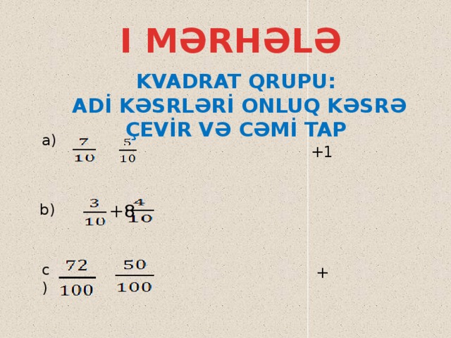 I MƏRHƏLƏ KVADRAT QRUPU:  ADİ KƏSRLƏRİ ONLUQ KƏSRƏ ÇEVİR VƏ CƏMİ TAP a)  +1 b) +8 c)   +