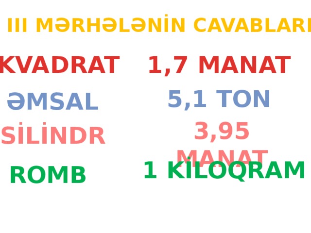 III MƏRHƏLƏNİN CAVABLARI 1,7 MANAT KVADRAT 5,1 TON ƏMSAL 3,95 MANAT SİLİNDR 1 KİLOQRAM ROMB